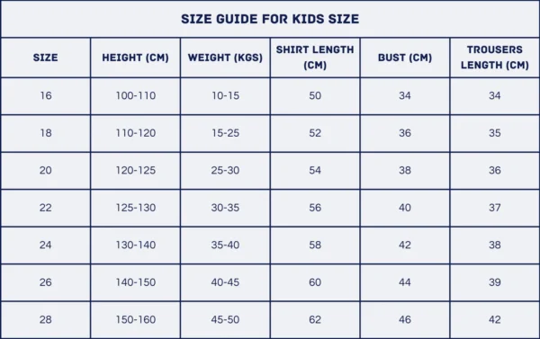 size chart for kids